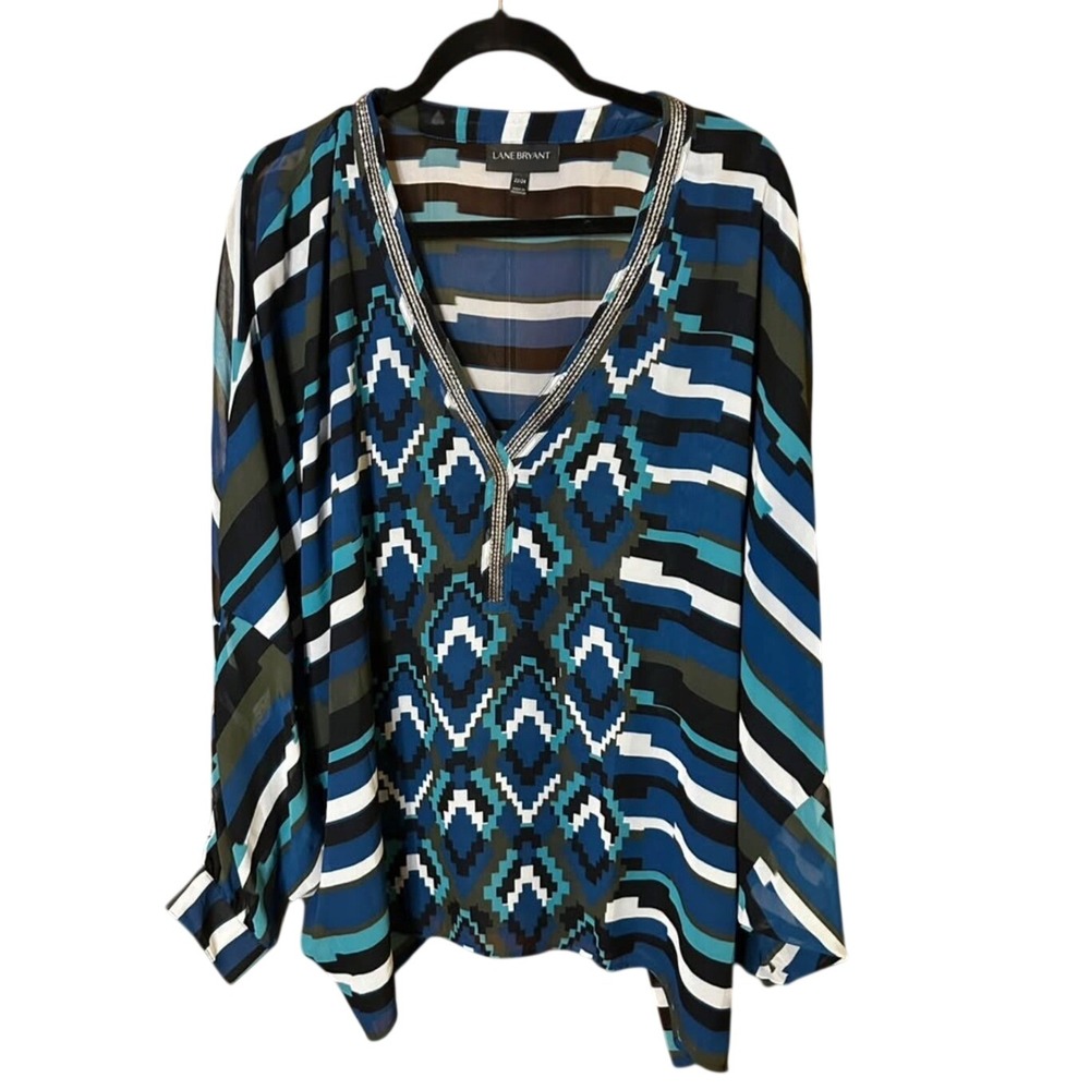 Lane Bryant Blouse 22/24 Blue Geometric Embellished V-Neck Dolman Sleeve Top